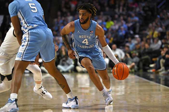 North Carolina Tar Heels guard R.J. Davis (4) drives to the baseline during the second half against the Wake Forest Demon Deacons at Lawrence Joel Veterans Memorial Coliseum in Winston-Salem, North Carolina, Feb. 7, 2023.